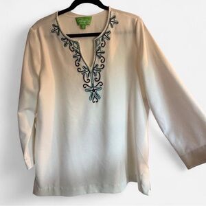 Pappagallo Cream Blouse with Blue Embroidery